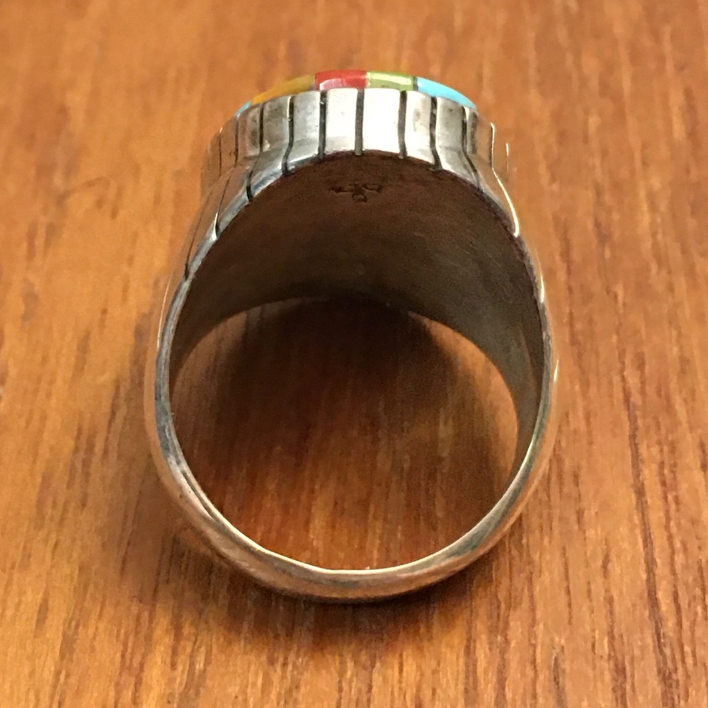 Native Silver Stone Inlay Ring Patchwork Mosaic O… - image 6